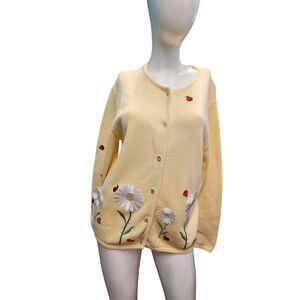Tia Yellow Cardigan Sweater Womens Size XL Daisy Ladybug Embroidered